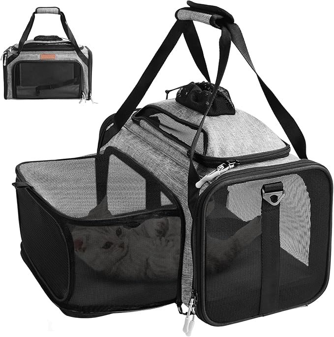 PETUX Top and Side Expandable Pet Carrier for Small Pets Up to 10 lb - 17 x 11 x 9.5 in, Underseat, Soft-Sided Airline Approved Cat Dog Carrier, with Safety Buckle and Anti-Scratch Mesh - Grey