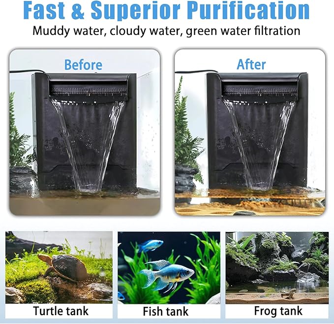Large Powerful Turtle Tank Filter U V-ery for 40-155 Gallon Tank, Low Water Filter Turtle Water Filter for Amphibians Fresh Saltwater Cloudy Green Water Crystal Clear with Turtle Tank Deodorization