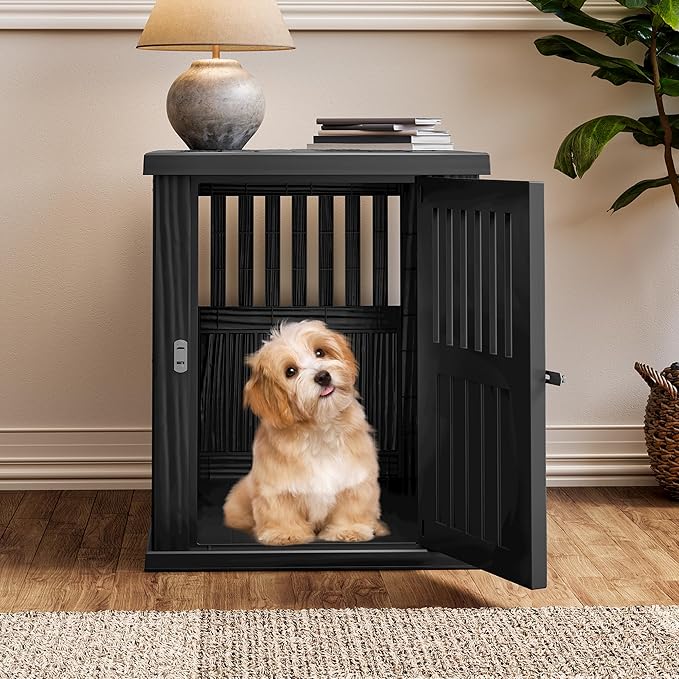 Fancyango Dog Crate Furniture End Table - Decorative Corner Dog House Table for Small to Medium Dogs, Indoor Plastic Dog Crate with Lockable Latch (Black1, 29.5" L x 21" W x 25.2" H)