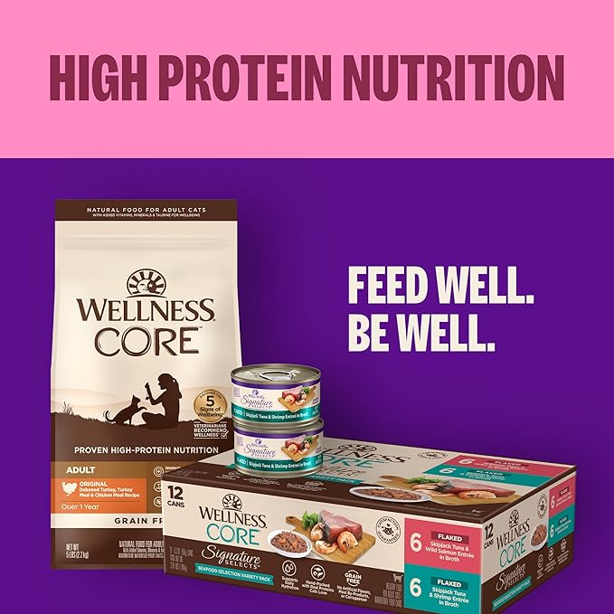 Wellness CORE Signature Selects Variety Pack Adult Canned Wet Cat Food, Natural, Protein Rich, Grain Free, Seafood Recipes, 5.3 oz, Pack of 12 Cans