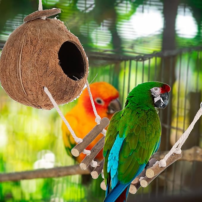 Mobestech Hanging Coconut Shell Hideout Shelter for Leopard Gecko and Small Pets, Decorative Wear-Resistant Nest with Fur Lining, Hamster and Bird Cage Accessory for Reptile Habitat