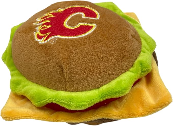 Pets First NHL Calgary Flames Crinkle Fine Plush Dog & Cat Squeak Toy - Cutest STADIUM HAMBURGER Plush Toy for Dogs & Cats with INNER SQUEAKER & Beautiful Hockey Team Name/Logo