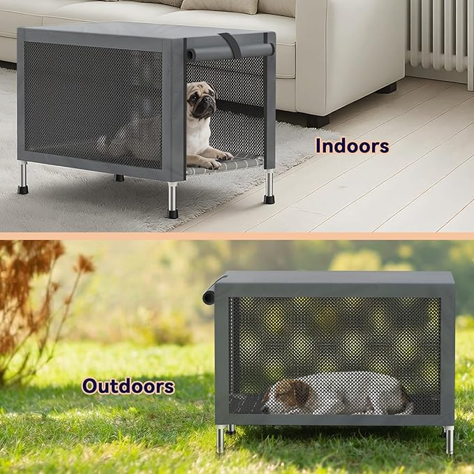 Medium Stainless Steel Elevated Dog Crate with Removable Cover, 2-in-1 Indoor & Outdoor Raised Pet House, Rust-Proof Dog Kennel with Silicone Anti-Slip Feet, Tool-Free Assembly