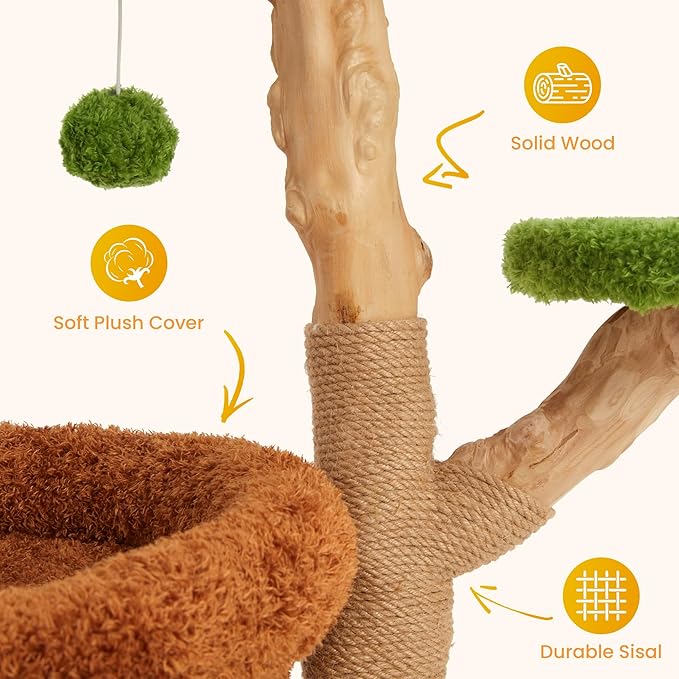 Cat Tree Tower, 32-Inch Multi-Level Natural Wooden Cat Furniture with Sisal Scratching Posts, Beds & Condo, Cute Cat Tree for Indoor Cats, Multi-Cat House Hold solds