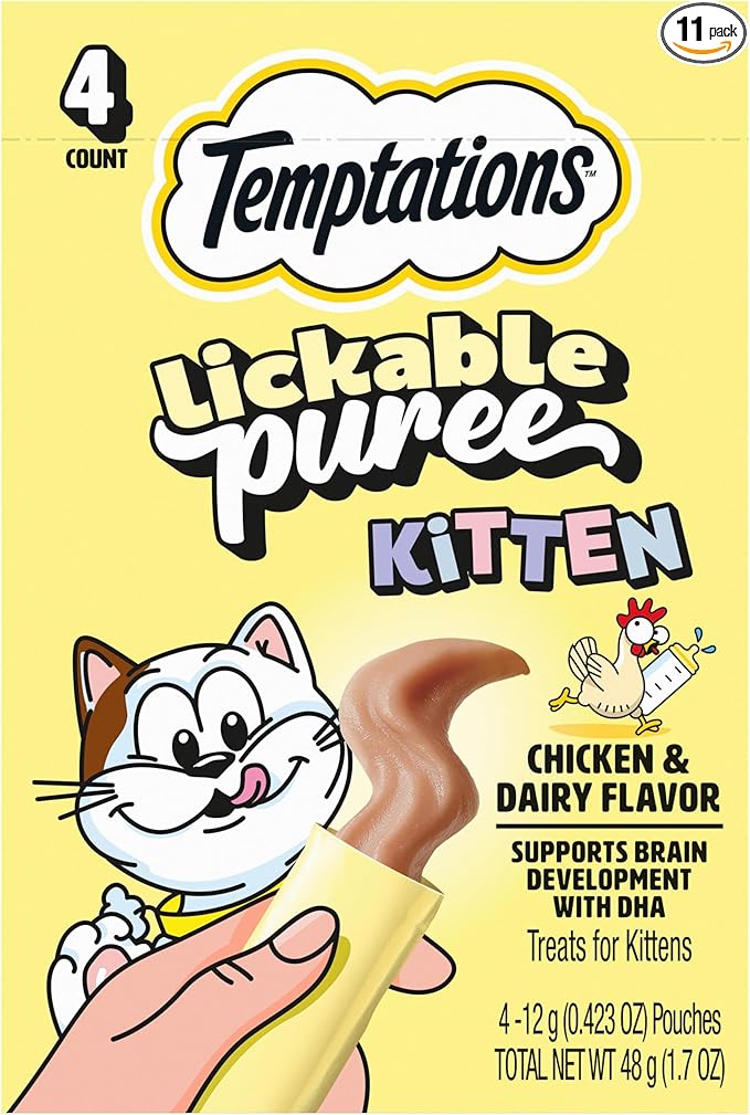 Temptations Puree Kitten Cat Treats Lickable, Chicken & Dairy Flavor, 4 Pouches (Pack of 11)