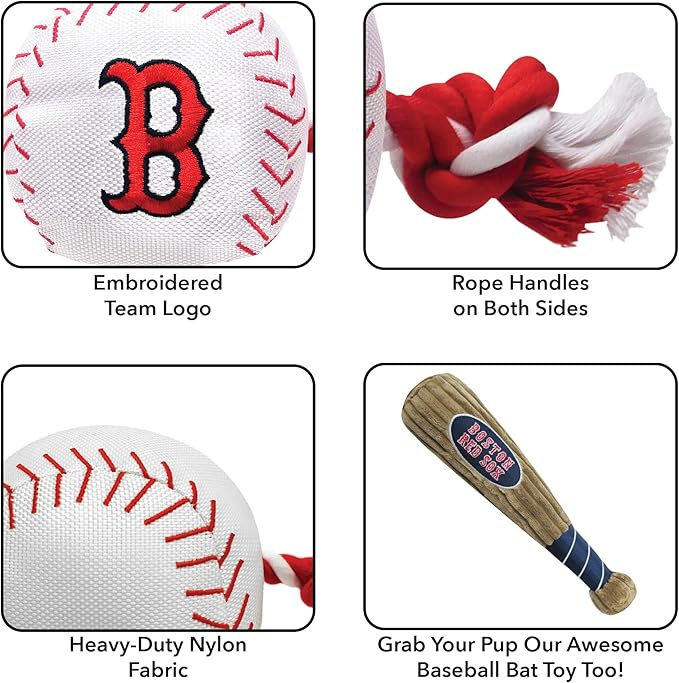MLB BOSTON RED SOX Baseball Rope Toy for DOGS & CATS. Tough nylon, Sporty Baseball Design, Heavy-duty ropes with Inner SQUEAKER