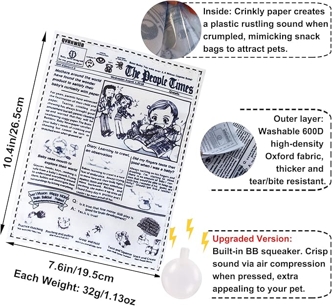 2 PCS Plastic Creaks Newspaper Crinkle Dog Pet Chew Toys, 600D Oxford Fabric Washable Bite-Resistant Fun Interactive Tug of War for Dog (Upgarded (Built-in BB Squeaker Crinkle Paper))