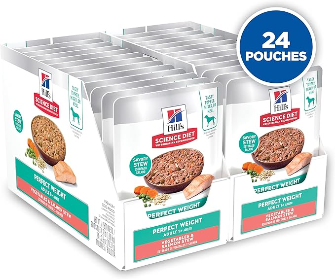 Hill's Science Diet Adult Perfect Weight Wet Dog Food, Vegetables & Salmon Stew, 2.8 oz. Pouches, 24-Pack