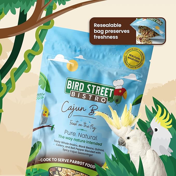 Bird Street Bistro Parrot Food for Parakeets & Cockatiels - Cajun Bean - 20 oz - Cooks in 3-15 min, Natural Grains, Fruits & Vegetables - USA Made