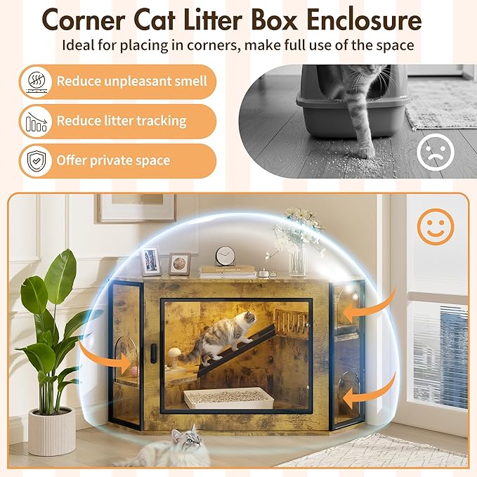 48" Corner Cat Litter Box Enclosure, Modern Hidden Cat Cabinet with Acrylic Door, LED Light & Playground, Multi-Level Cats House with Stairs, Corner Furniture for Small Apartments, Brown