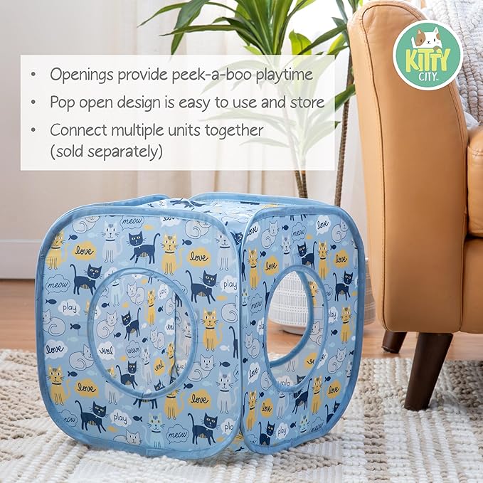 Kitty City Blue Cat-Themed Cat Play Furniture Set, Collapsible Pop-Up Cat Toys Combo with Cube, Tunnel & House, Indoor Cat Playground for Play, Hiding & Lounging