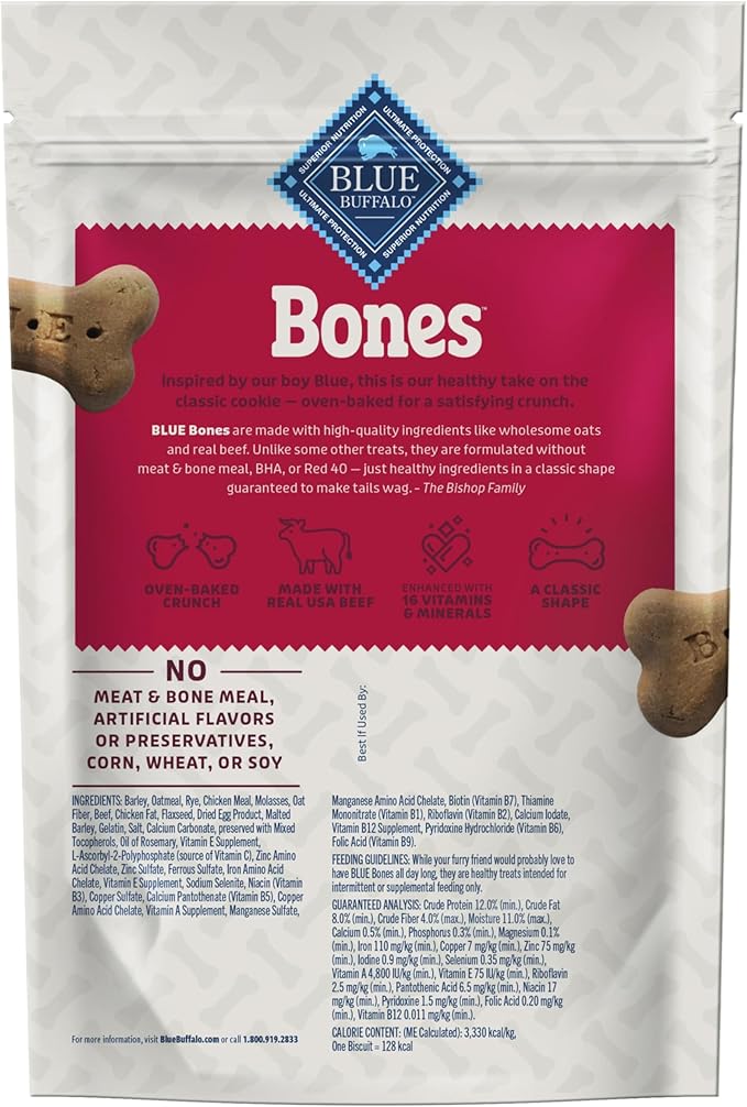 Blue Buffalo Bones Natural Crunchy Dog Treats Large Dog Biscuits Beef, 16oz. Bag, 4 Count