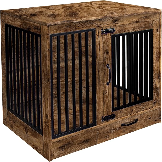 yookare Rustic Brown Heavy Duty Furniture Dog Crate, Wood and Metal Kennel Cage, Pet House End Table with Drawer and Pull-Out Design, Dog Home for Indoor use, Medium Size