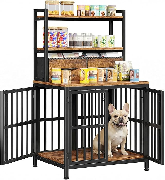 HIGDBFE Dog Crate Furniture with Drawer & Shelf, 25.5" Small Dog Crate with Lockable Doors, Indoor Dog Kennel Furniture for Medium, Small Dogs, Anti-Chew Dog Cage with Storage, Rustic Brown, 43.7" H