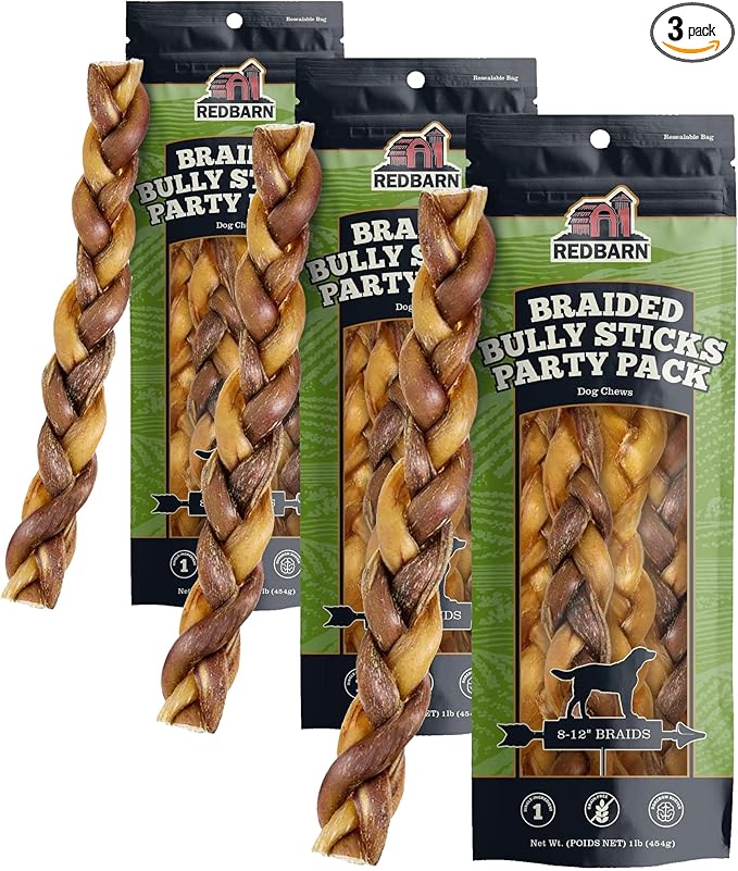 Redbarn Pet Products All Natural Braided Bully Sticks 8-12 in Long Lasting Dog Chews for Medium and Large Dogs Rawhide Free Single Ingredient Beef Pizzle 1 lb Bag (Pack of 3)