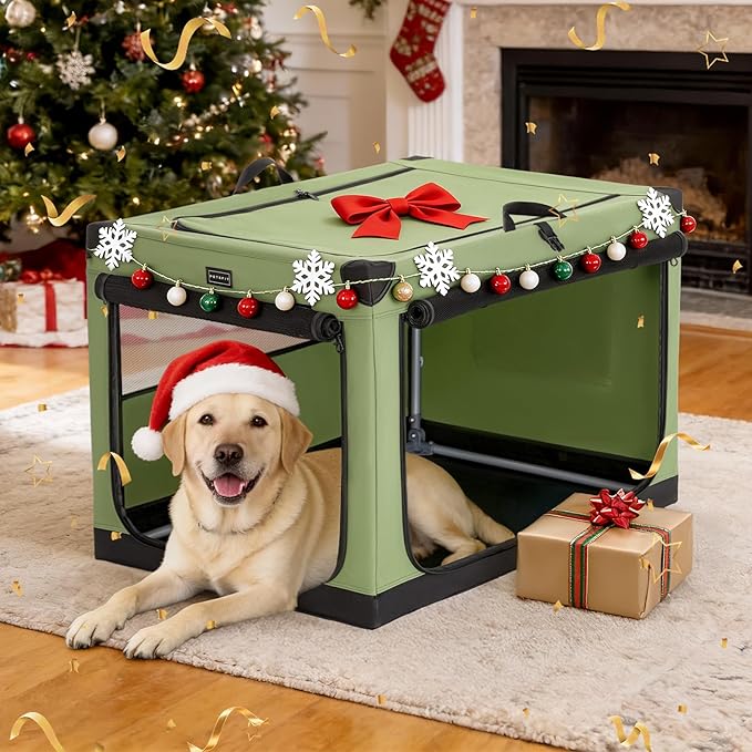 PETSFIT 40" Soft Portable Dog Crate – Patented Spiral Sturdy Frame, Collapsible Travel Kennel for Large Dogs, 3 Mesh Door, Lockable Zippers, Indoor & Car Use Green