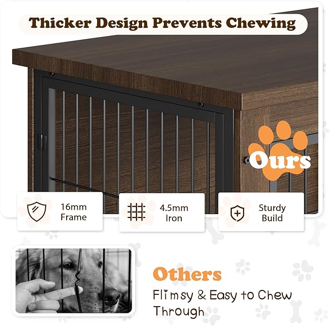 Dog Crate Furniture with Thick Cushion, Side End Table Wooden Dog Cage with Double Doors, Chew-Resistant Dog Kennel Dog House Indoor for Small to Large Dog