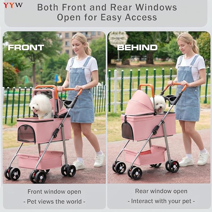 YYW Pet Stroller for Small Dogs & Cats, 3 in 1 Foldable Kittens Puppies Travel Strolling Cart with Removable Carrier, Cup Holder, Storage Basket & Lockable Wheels(Pink)