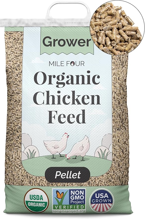 Mile Four Organic Chicken Feed (46 lbs) Grower Pellet, Non-GMO, USA Grown, 18% Protein, Corn-Free, Soy-Free, Non-Medicated Feed for Chickens
