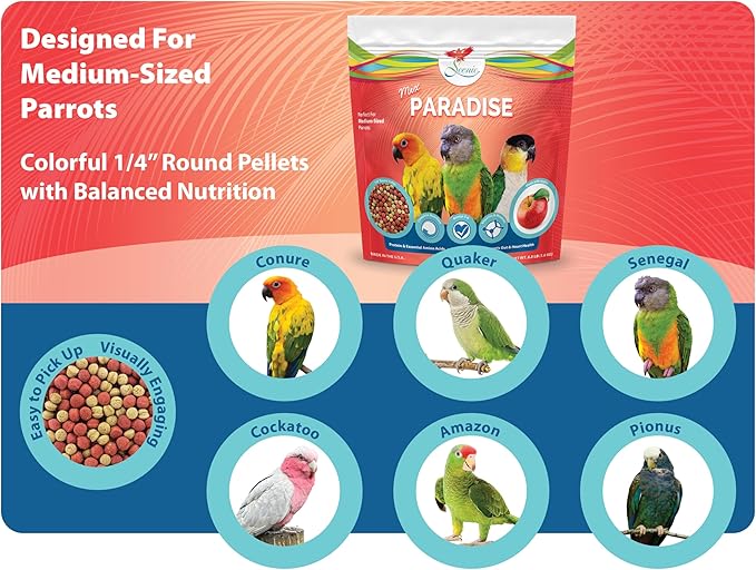 Scenic Mix Paradise Medium Parrot Food - 7 lb (2 x 3.5 lb Bags) - 1/4" Bird Pellets - Complete Nutrition for Sun Conures, Pionus, Senegals, Caiques & More