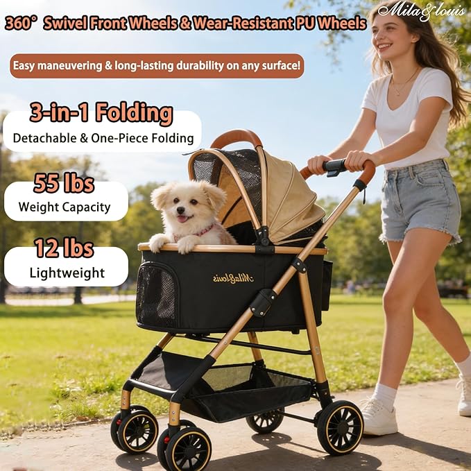 MILA&LOUIS Cat Stroller, 24" Pet Cradle, Lightweight & Stylish Dog and Pet Stroller for Medium and Small Pets, 55 Lbs Capacity with Cup Holder, Hook, Detachable Aluminum Cradle (Khaki)