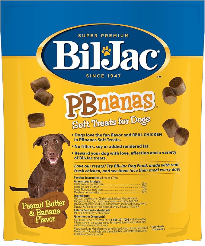 Bil-Jac PB-Nanas Soft Treats for Dogs, Peanut Butter Banana Flavor, Made with Real Chicken Liver, 4oz (4-Pack)