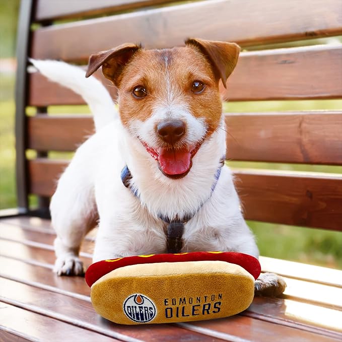 Pets First NHL Edmonton Oilers HOT Dog Plush Dog & CAT Squeak Toy - Cutest HOT-Dog Snack Plush Toy for Dogs & Cats with Inner Squeaker & Beautiful Hockey Team Name/Logo 8 x 5 x 3 Inches