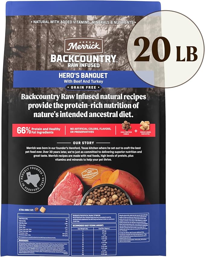 Merrick Backcountry Grain Free Dry Adult Dog Food, Kibble With Freeze Dried Raw Pieces, Hero’s Banquet Recipe - 20.0 lb. Bag