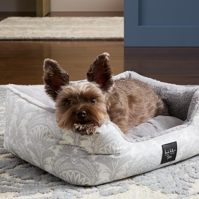 Nicole Miller NEW YORK PET Mod Damask Plushy Bolster Pet Bed, Cozy & Calming, Non-Slip Bottom, Machine Washable Cover, Grey, Large 35"x28"x8"