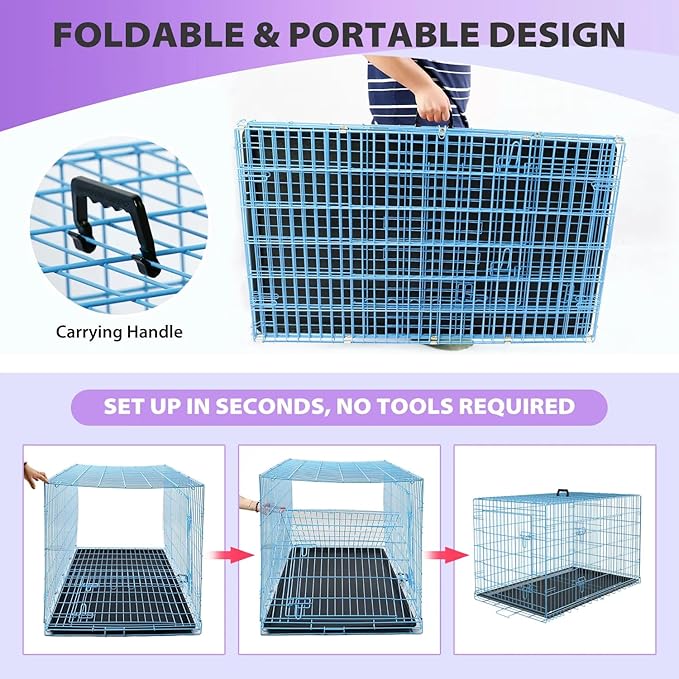 Extra Large Portable Dog Crate - Double-Door Folding Metal Wire Kennel with Removable Tray - Ideal for Medium Sized Dogs, Small Dogs & Travel (Blue, 30")