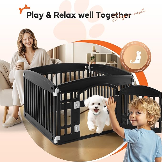 HealSmart 24 Inch 4-Panel Pet Playpen, Sturdy Dog Playpen with Safety Locking Door, Foldable & Portable Design for Puppies, Small & Medium Dogs, Black