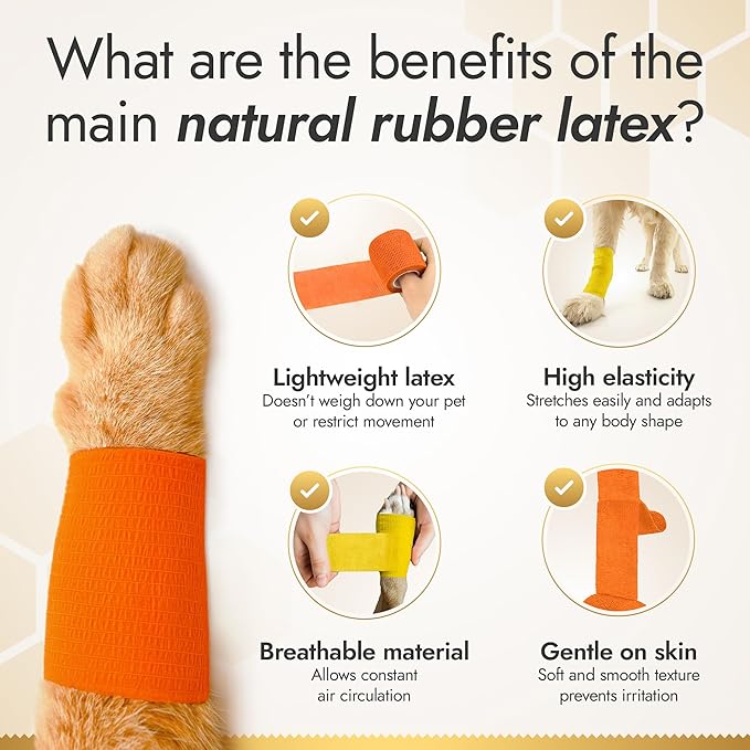 Self-Adhesive Elastic Dog Bandages for Wounds Protect from Licking, Dirt and Scratching – Set of Wraps from Natural Rubber Latex – Dog Bandage for Large & Small Pets – 5 х 5 cm + 2 х 10 cm Rolls