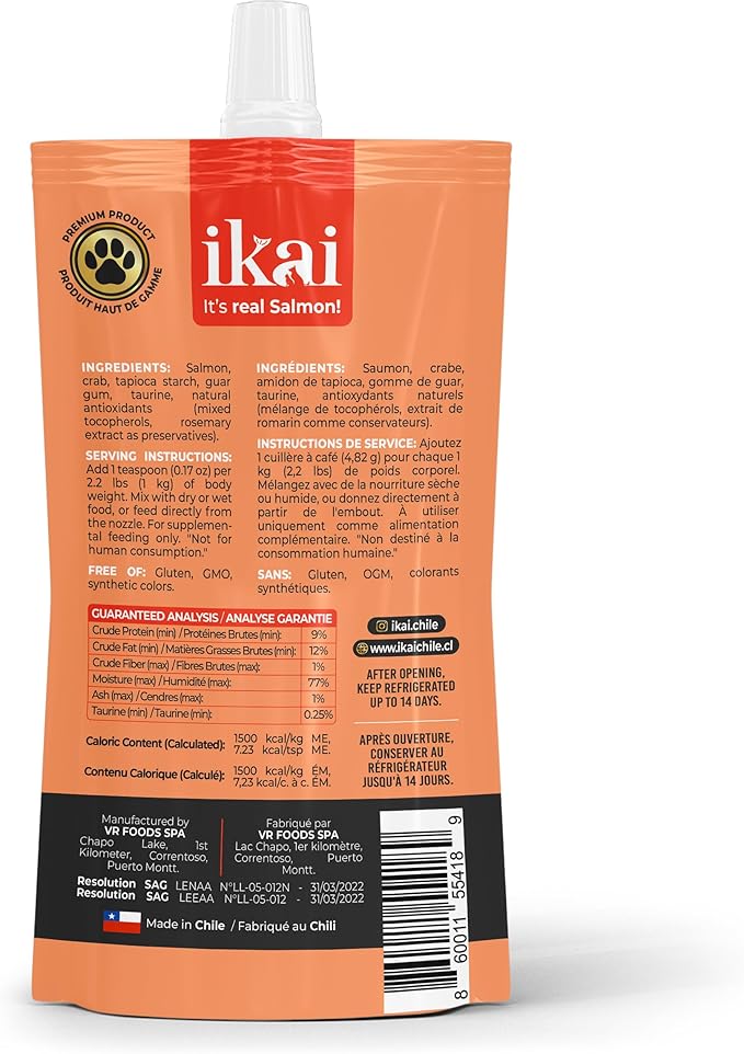 IKAI - Lickable Wet Cat Treats - Patagonian Salmon from Chile, No By-Products, Highly Digestible Protein, with Omega 3 & 6 for Healthy Skin & Glossy Coat - 2.11 oz (16 Pack, Salmon & Crab)