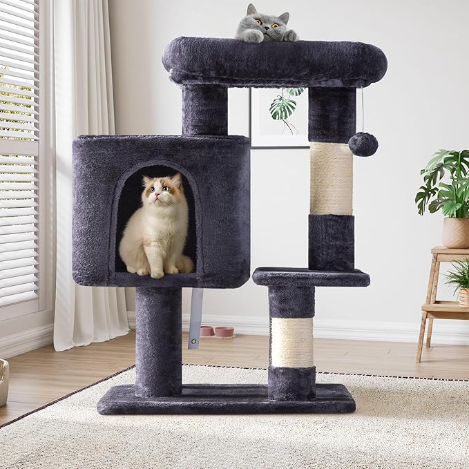 SHA CERLIN 29in Cat Tree for Indoor Cats, Multi-Level Cat Tower with Large Perch, Cozy Condo, Playful Toy Balls, Sisal Scratching Posts, Stable Pet Furniture Activity Center, Space-Saving, Dark Grey