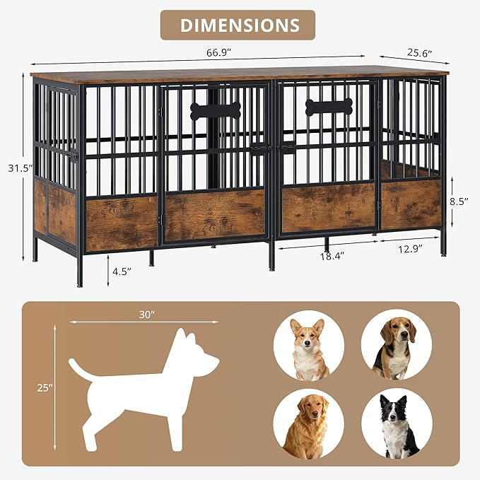 IRONCK 67" Dog Crate Furniture for 1 or 2 Dogs – Heavy Duty Dog Kennel with Adjustable Divider, Double Dog Cage as TV Stand, Rustic Brown