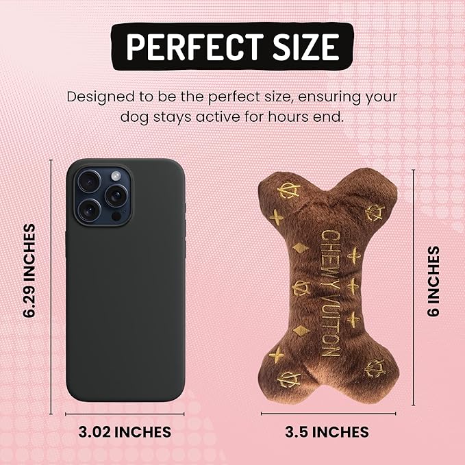 Dog Diggin Designs Chewy Vuiton Plush Dog Toy Bone | Luxury-Inspired Parody Designer Bone with Squeaker, Soft Plush Chew & Play Dog Toy – Prêt-à-Porter Play!