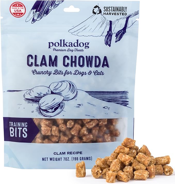 Polkadog Clam Chowda Crunchy Training Bits - All Natural, Limited Ingredient, Premium Training Treats for Dogs, High in Omega-3. Great for Allergies, Handcrafted in USA - 7oz (1pk)