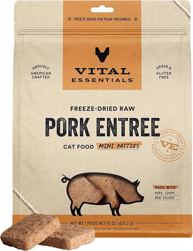 Vital Essentials Freeze Dried Cat Food, Raw Pork Mini Patties | Complete Meal or Topper | Easy to Portion and Rehydrate | High Protein, Grain Free Dry Cat Food |15 oz Bag