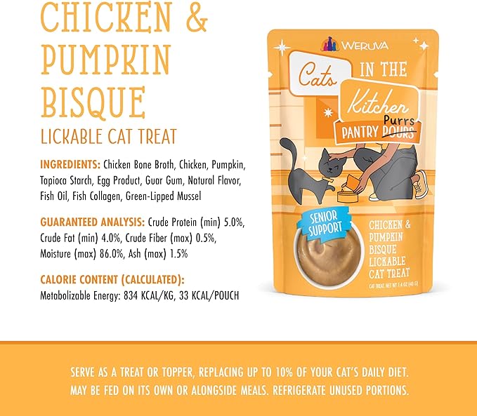 Weruva Cats in the Kitchen Pantry Pours, Chicken and Pumpkin Bisque with Senior Support, 1.4oz Pouch, Pack of 12