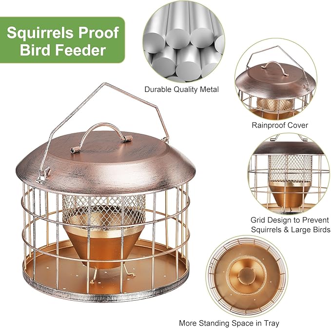 Metal Caged Bird Feeder, Squirrel Proof Bird Feeders for Outdoors Hanging, Wild Birds Feeder for Small Sparrows Finchs, Squirrel Chew-Proof Birdfeeder for Outside Backyard Birding Watching Gifts