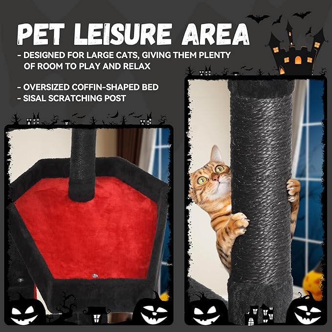 DWVO Gothic Halloween Cat Tree: 38.5in Tower with Coffin Bed, Top Perch, Spacious Condos, Spider Playthings for Indoor Cats Kittens