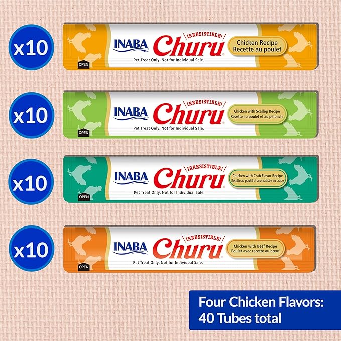 INABA Churu Cat Treats, Lickable, Squeezable Creamy Purée Cat Treat with Green Tea Extract & Taurine, 0.5 Ounces Each Tube, 40 Tubes, Chicken Variety Box