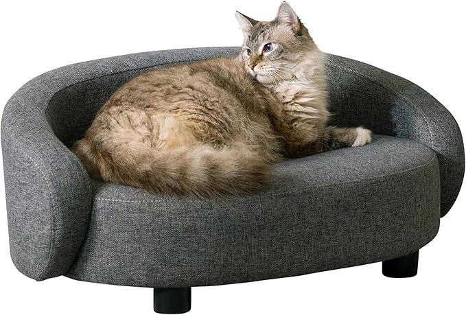 Paws & Purrs Arc Crescent Back Sofa Style Pet Bed, Dog & Cat Modern Couch with Tufted Cushion & Armrest, Stylish Indoor Pet Furniture, Dark Gray