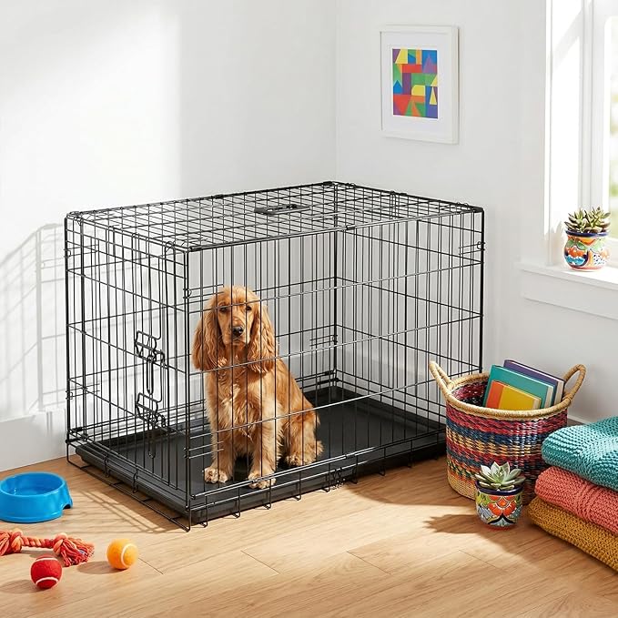 FDW Dog Crate 36-Inch Dog Cage Single Door Foldable Metal Kennel with Leakproof Tray Foldable Design Indoor Outdoor Use for Medium Dogs,Dark Black