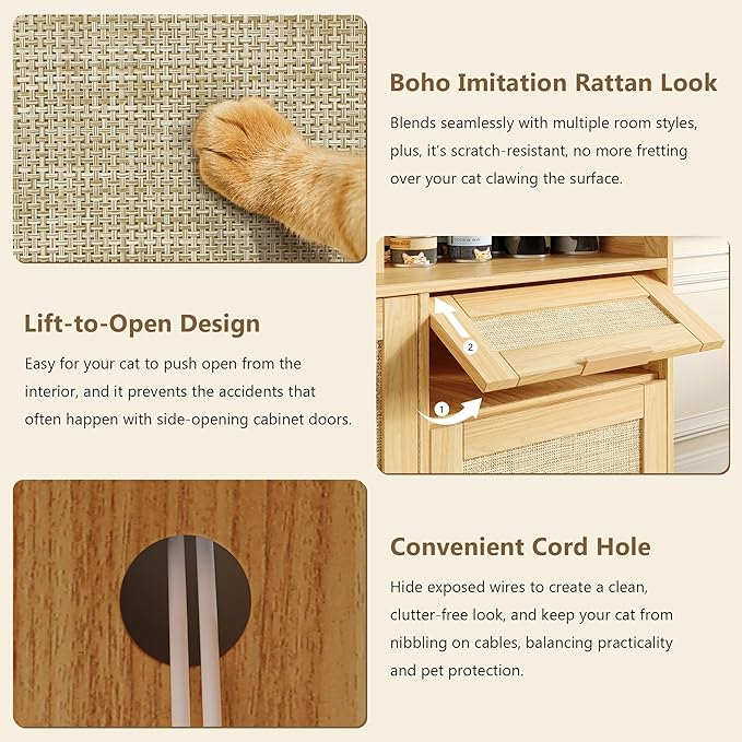 Einhomn Cat Litter Box Furniture 42'' Hidden Enclosure with Litter Drawer, Litterbox Cabinet with Storage, Boho Rattan Style Indoor Cat House Washroom, Fits Most of Litter Boxes