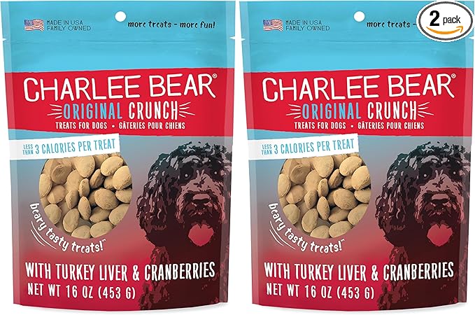 Charlee Bear Original Crunch Dog Treats,Turkey Liver and Cranberries Resealable Bag,Low Calorie Training Treats for Dogs,Limited Ingredient,Healthy,Crunchy Dog Snacks,Made in USA,16 Ounce (Pack of 2)