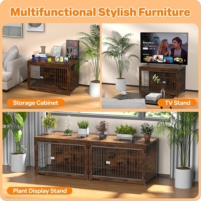Escape Proof Decorative Dog Crate Furniture with Wooden Top, 38in Furniture Style End Table and Secure Indoor Kennel, Anti Anxiety for All Breeds, Aged Black