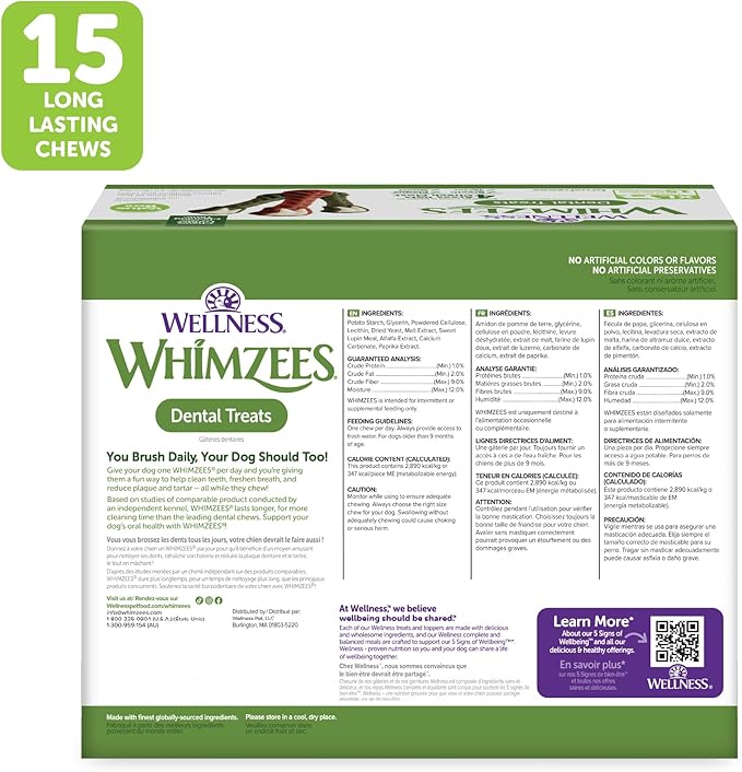 Wellness WHIMZEES Value Pack Dog Dental Treat, Chews, Freshens Breath, Extra-Large Size, 64 oz Box, 15 Count