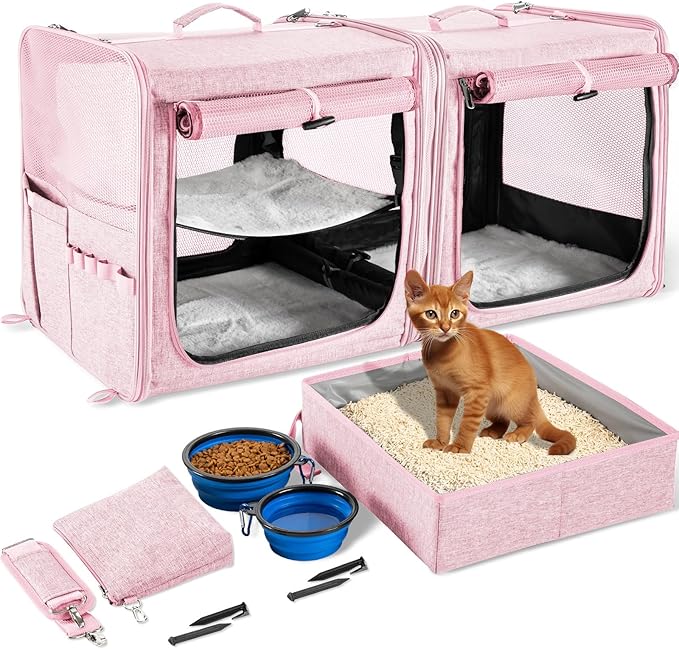 Large Cat Carrier for 2 Cats with Zipper Locks, Double Cat Carrier with Travel Litter Box, Soft Pet Travel Carrier for Cats and Small Dogs Up to 45 Lbs, Pink