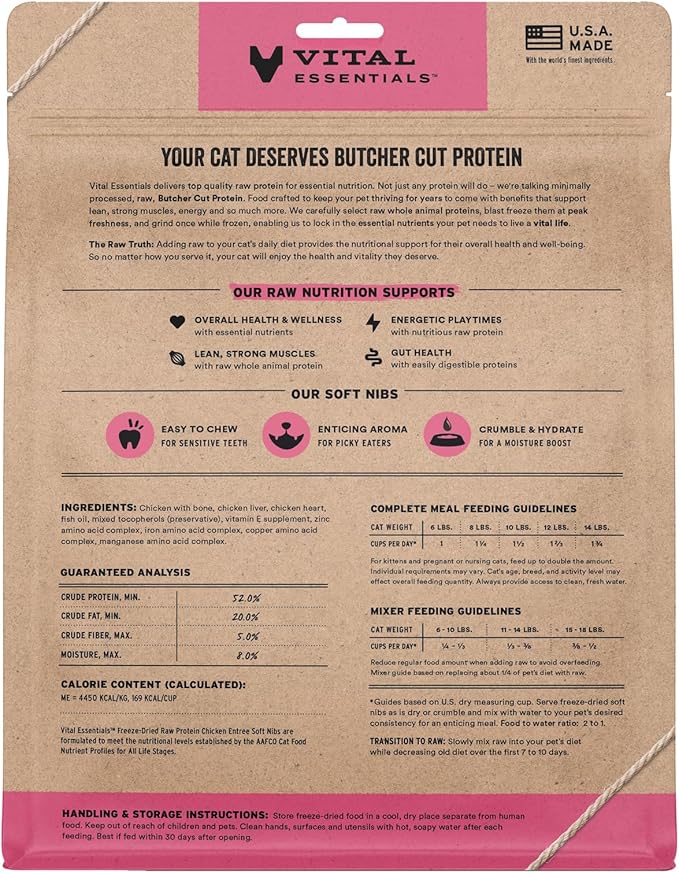 Vital Essentials Freeze Dried Cat Food, Raw Chicken Soft Nibs | Complete Meal or Topper | 99% Chicken, Organs & Bone | Limited Ingredient, High Protein, Grain Free Dry Cat Food | 12 oz Bag